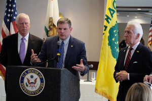 Chairman Daniel Maffei (Center) addresses the media following a Congressional roundtable addressing supply chain issues held in Oakland, CA. He is flanked by Representative Mike Thompson (D-CA) and Representative Jim Costa (D-CA).