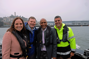 Chairman Daniel Maffei met with senior leadership of the Port of San Francisco and toured the Port’s cargo facilities during an October 2022 trip to the Bay Area. Pictured left to right are: Elaine Forbes, Executive Director, Port of San Francisco; Daniel Maffei, Chairman, Federal Maritime Commission; Willie Adams, President, Port Commission; and Dominic Moreno, Assistant Maritime Director, Port of San Francisco.