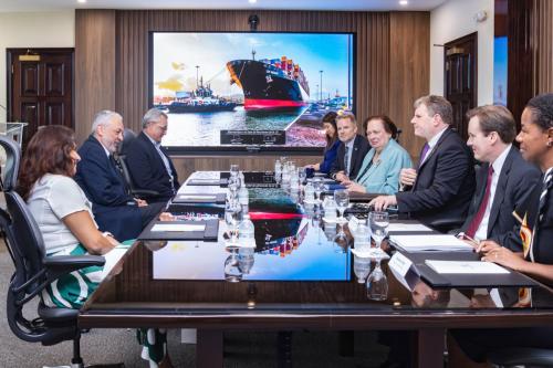 (L-R: Deputy Chief of Panama Canal Authority (ACP) Illya Espino de Marotta, Administrator (ACP) Ricaurte Vasquez Morales, VP of Operations (ACP) Boris Moreno Vasquez, Mary Thien Hoang, Commissioner Louis E. Sola, US Ambassador to Panama Mari Carmen Aponte, Chairman Daniel B. Maffei, Chris Hughey, and Acting Economic Counselor Melanie Carter) Courtesy of the Panama Canal Authority.