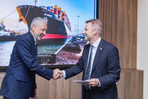 (L-R: Administrator of Panama Canal Authority (ACP) Ricaurte Vasquez Morales and Commissioner Louis E. Sola) Courtesy of the Panama Canal Authority.