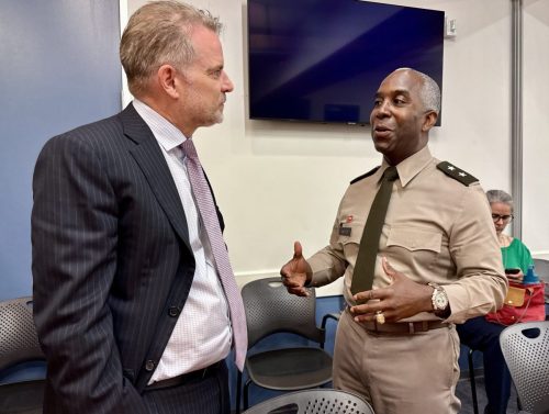 FMC Chairman Louis E. Sola (Left) speaks with MG Jason E. Kelly (Right), Deputy Commanding General for Civil and Emergency Operations, U.S. Army Corps of Engineers. Both attended the June 2025 meeting of the Committee on the Marine Transportation System held at the U.S. Department of Transportation in Washington, D.C.