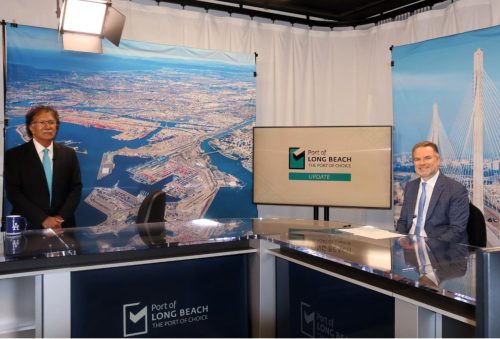 Federal Maritime Commission Chairman Louis Sola (Right) was interviewed by Mario Cordero, Chief Executive Officer of the Port of Long Beach (Left) for an episode of “Port Update”, May 2025.