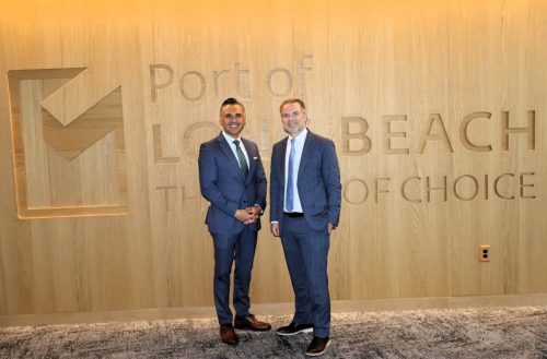 FMC Chairman Louis Sola (Right) is welcomed to the Port of Long Beach headquarters by Dr. Noel Hacegaba (Left), the port’s Chief Operating Officer, May 2025.