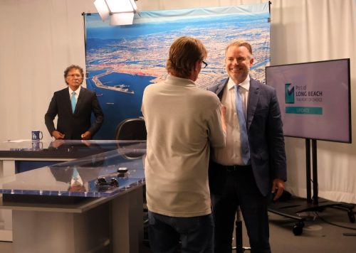 FMC Chairman Louis Sola (Right) prepares for his appearance on “Port Update” and to be interviewed by Mario Cordero (Left Rear), Chief Executive Officer, Port of Long Beach, May 2025.