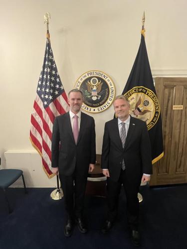 Federal Maritime Commission Chairman Sola (right) met with U.S. Trade Representative (USTR) Ambassador Jamieson Greer (left) at the Office of USTR, Washington, DC, April 14, 2025.
