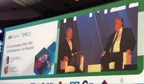 Commissioner Carl Bentzel (right) is interviewed by Peter Tirschwell (left) at TPM22, Long Beach, CA, February 2022. 