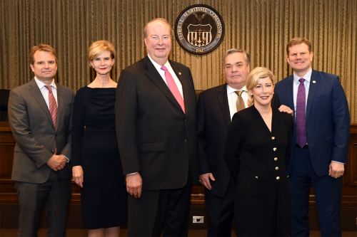 From left to right, Commissioner Louis E. Sola, Commissioner Rebecca F. Dye, Michael Khouri, Commissioner Carl W. Bentzel, Suzanne Bentel, and Chairman Daniel B. Maffei.