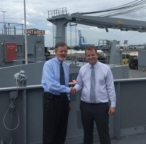 Louis Sola with Kevin Tokarski, Associate Administrator for Sealift aboard the SS Antares, Baltimore, MD.